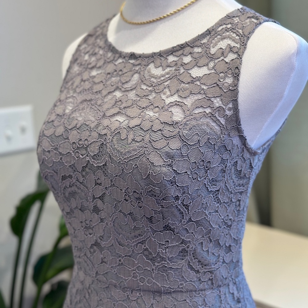 David's Bridal Dusty Grey Lace Midi Dress - Picture 3 of 8